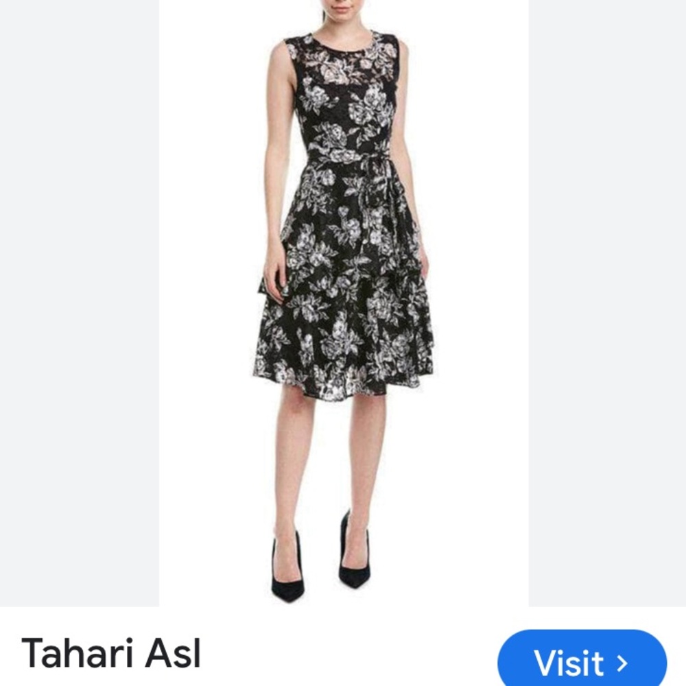 Tahari ASL 2-Tired Belted Lace Mesh Dress w/ Puff Print, Rose Garden